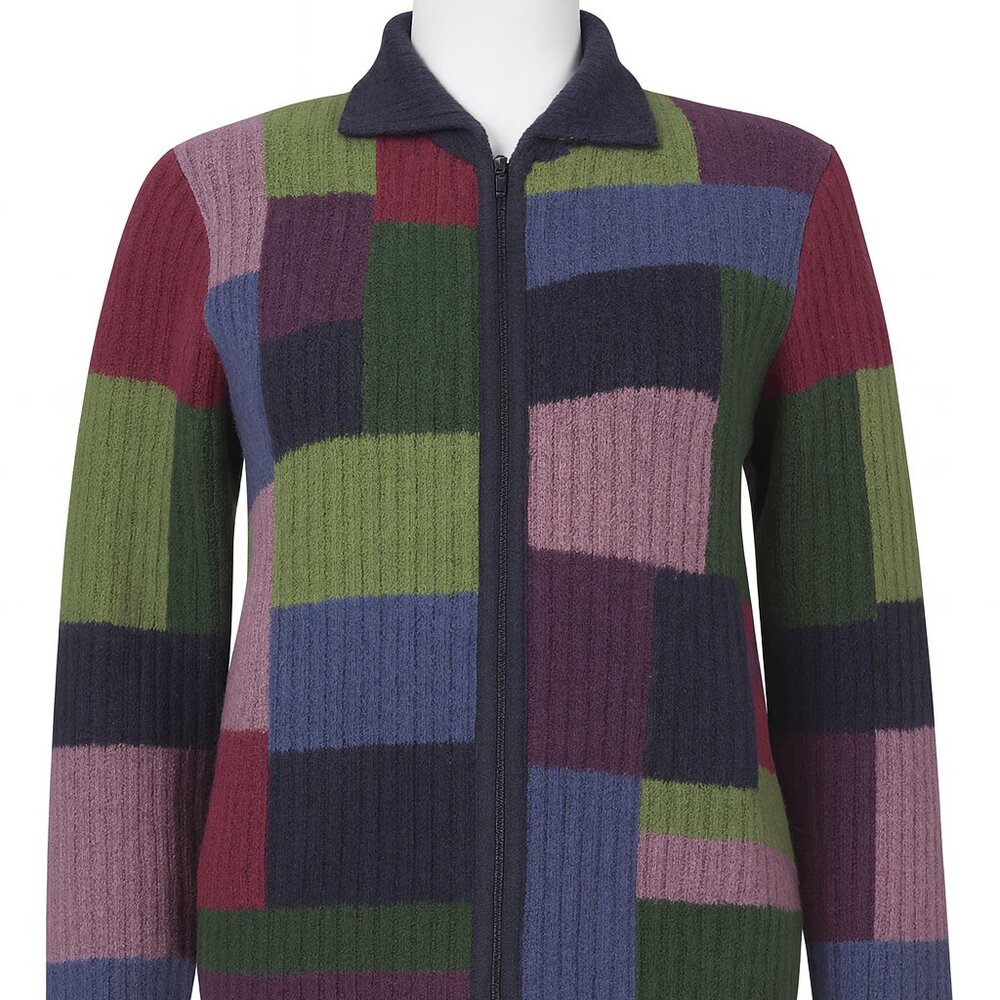 Talbots Patchwork 100% Wool Zip Front Sweater Siz… - image 1